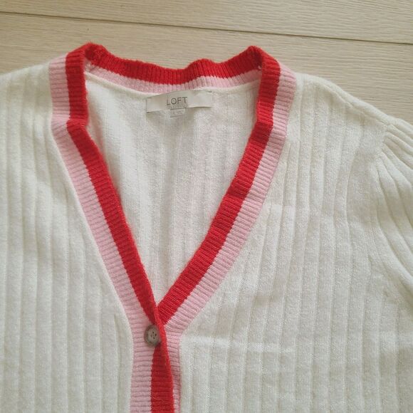 Loft Cardigan Sweater XL Cream‎ Red Pink Soft Knit V-Neck Button-Front - Picture 4 of 9